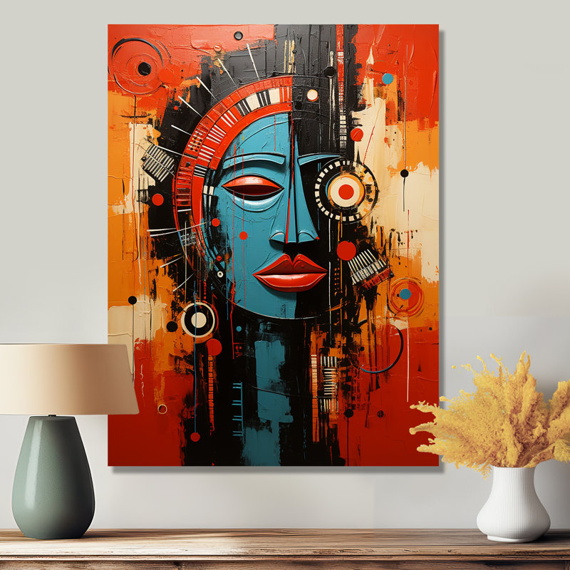 Ancienne beauté minime bleue et rouge - impression d'art mural africain, Métal métal, H 32 po x l 24 po x P 1 po