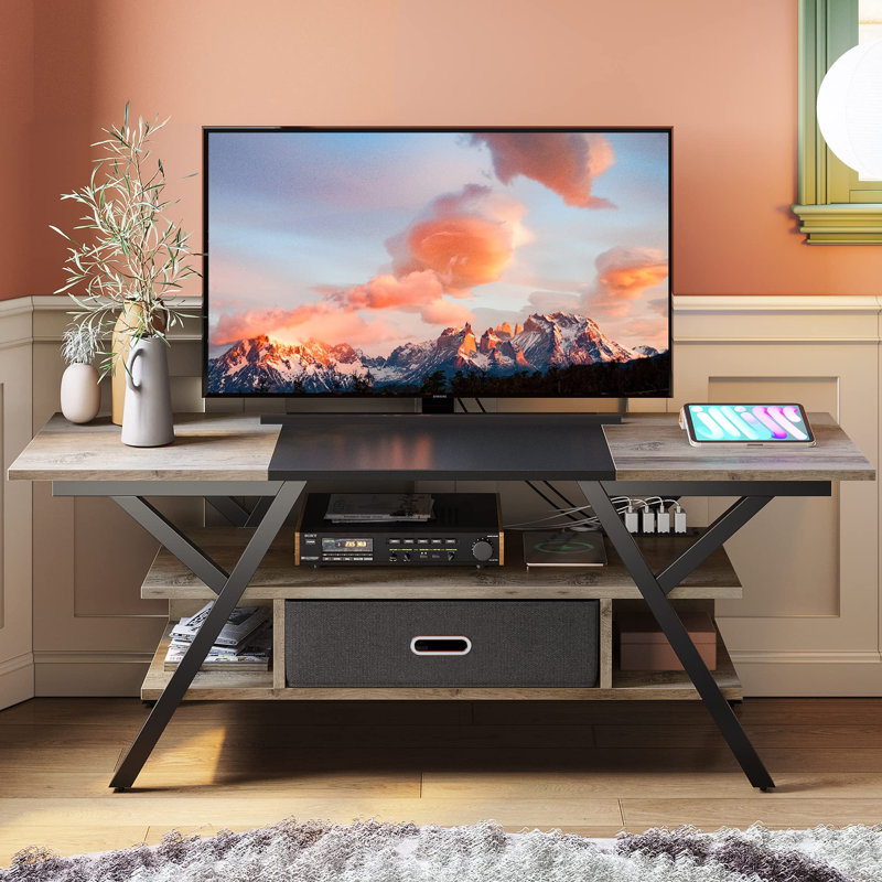 Brisna 55" TV Stand, Modern Entertainment Center with Power Outlets LED and Drawer, Gray Wash/Black