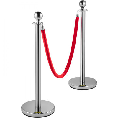 Poteau de contrôle des foules, ensemble de poteaux, ensemble de poteaux avec corde de velours rouge de 5 pi / 1,5 m, barrière de contrôle des foules argentée avec base en béton robuste et en métal - Assemblage facile à connecter