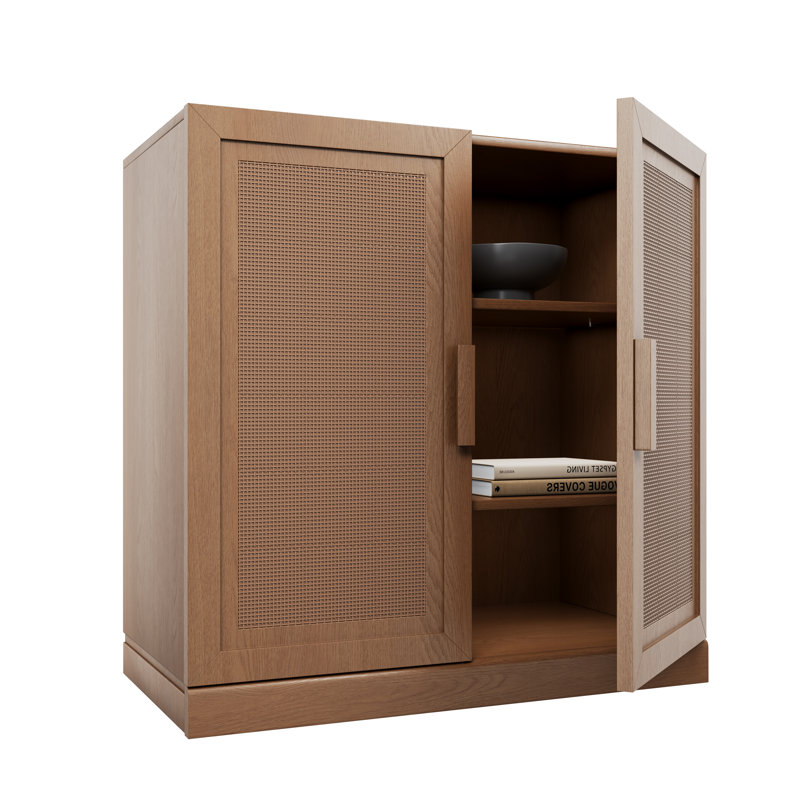 Caleb Solid Wood Accent Cabinet With Rattan Doors, Walnut, 36" H x 31" W x 16" D