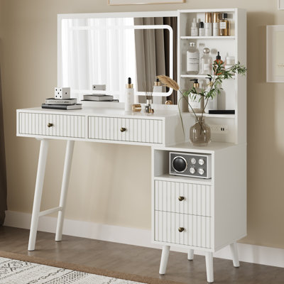 Philomena Vanity Desk With 3 Color LED Light Mirror and Charge Station