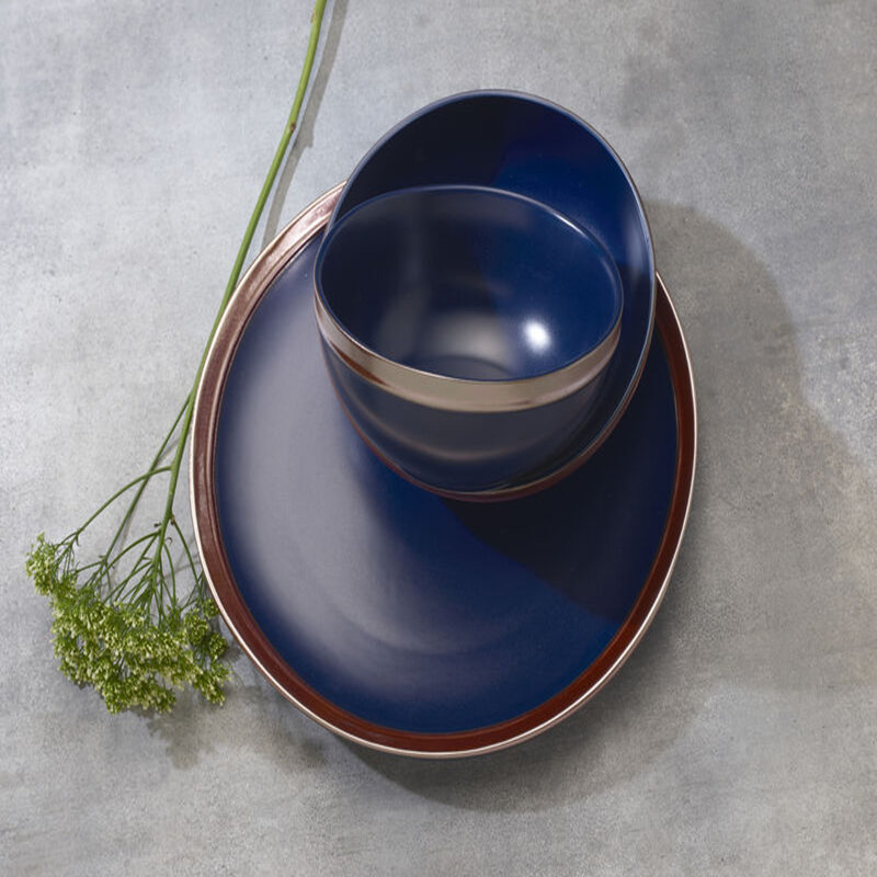 Blue Ceramic Dinnerware Set with Rose Gold Banding, Service for 4