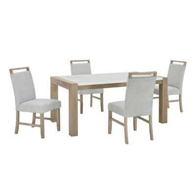 Teny 5Pc Dining Set, 66 Inch White Faux Marble Top, Light Oak Brown