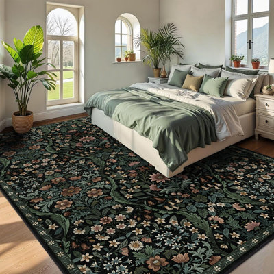 Washable Area Rug - Vintage Boho Botanical Low-Pile Rug