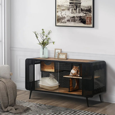 Maison de chat d'intérieur moderne de 55,12 pouces avec verre trempé, bois de sapin massif de haute qualité et cadre en fer, convient aux salons, aux couloirs, aux salles d'étude et à d'autres espaces intérieurs
