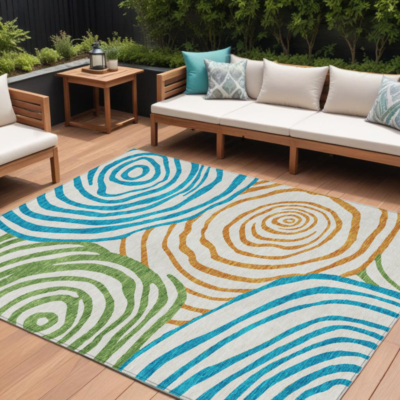 Tapis extérieur lavable abstrait 8 pi x 10 pi blanc orange et bleu sarcelle