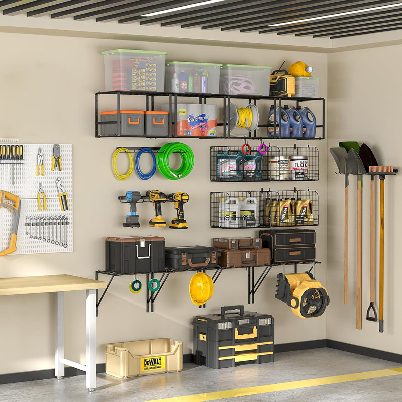 Wall Mounted Garage Shelf With Wire Basket