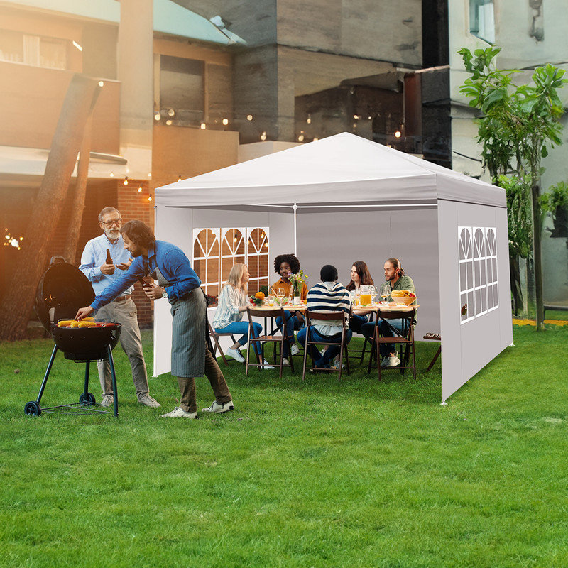 3x3m Open-Sided Party Tent – Waterproof PE Canopy, Threaded Steel Frame for Garden BBQ Market Shade, 3 walls + 3 windows