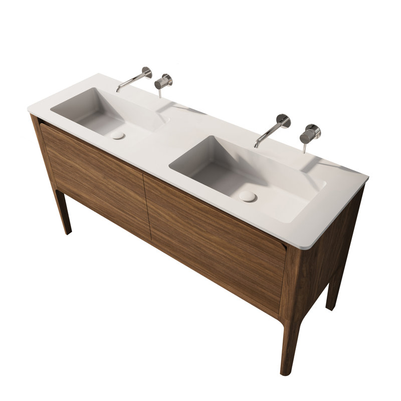 Sahiti 60 po L x 19 po P 2 tiroirs Meuble-lavabo autoportant avec évier double et Comptoir en Surface solide blanc mat