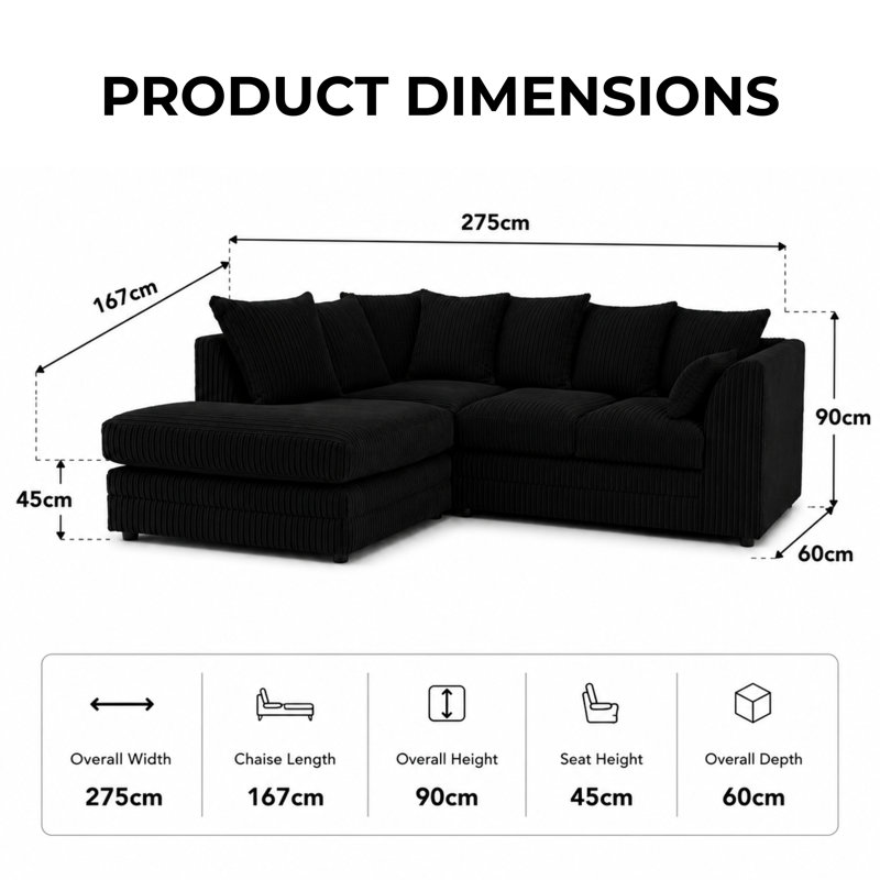 4 Seater Corduroy Sofa & Chaise, Black