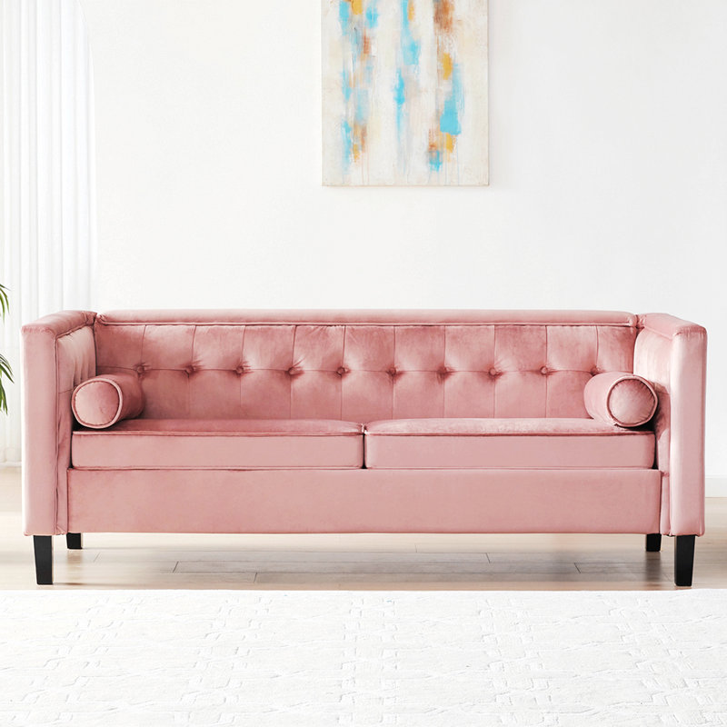 Canapé Mid-Century en velours, canapé avec coussins décoratifs, coussins décoratifs, canapé capitonné pour le salon, assemblage sans outil, rose