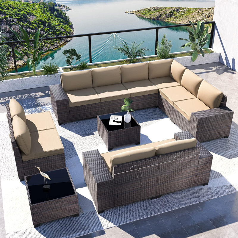 Dawes 12-Piece Outdoor Rattan Sectional Set With Cushions And Tempered Glass Table, Sand