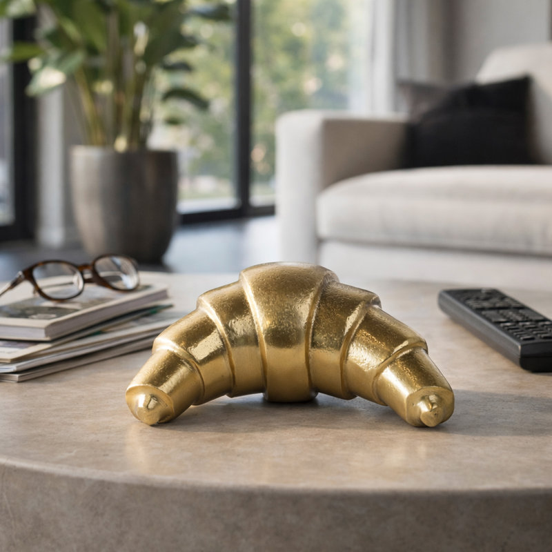 Modern Metal Croissant Sculpture for Home Decor - Decorative Object Accent for Decorations for Living Room Styling or Coffee Table Display - 7", Gold