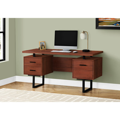 Bureau d'ordinateur élégant pour le bureau personnel: l 60 po, stratifié brun, métal noir, rangement, ordinateur portable, poste de travail d'apparence moderne