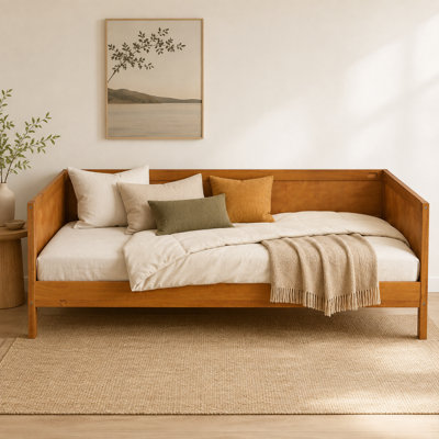 Structure de lit de jour simple en bois Velorquess avec canapé à trois côtés, finition noyer clair, fabrication en bois de pin, contreplaqué et panneau de fibres à densité moyenne, 10 lattes de matelas en bois, aucun sommier requis