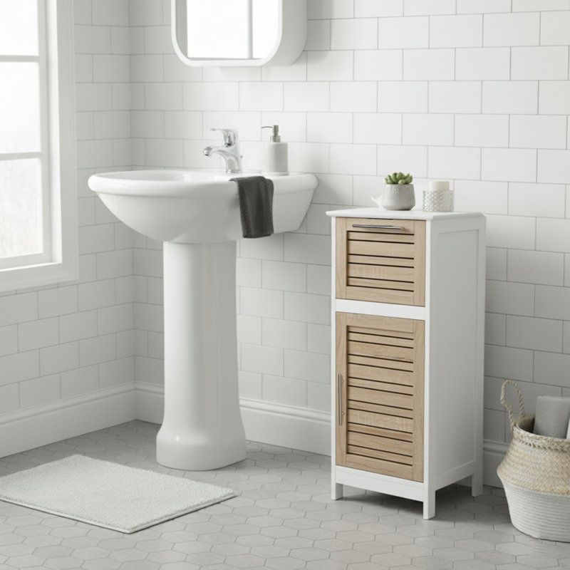 Stockholm 14.7" W x 32.12" H x11.13" D Free-Standing Linen Floor Tower Cabinet Oak