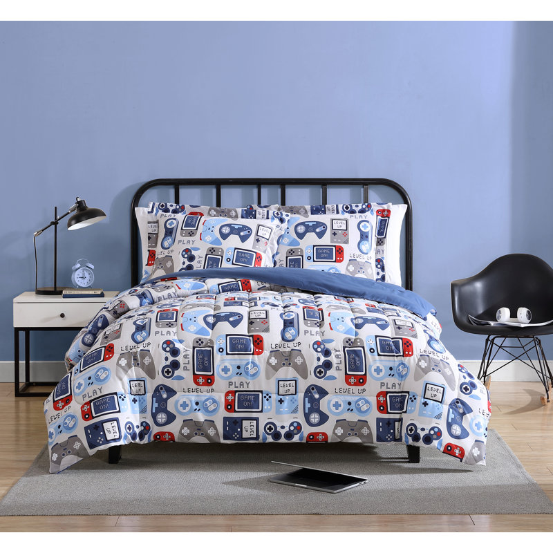 Twin Blue Microfiber Reversible Kids Gamer Comforter Set