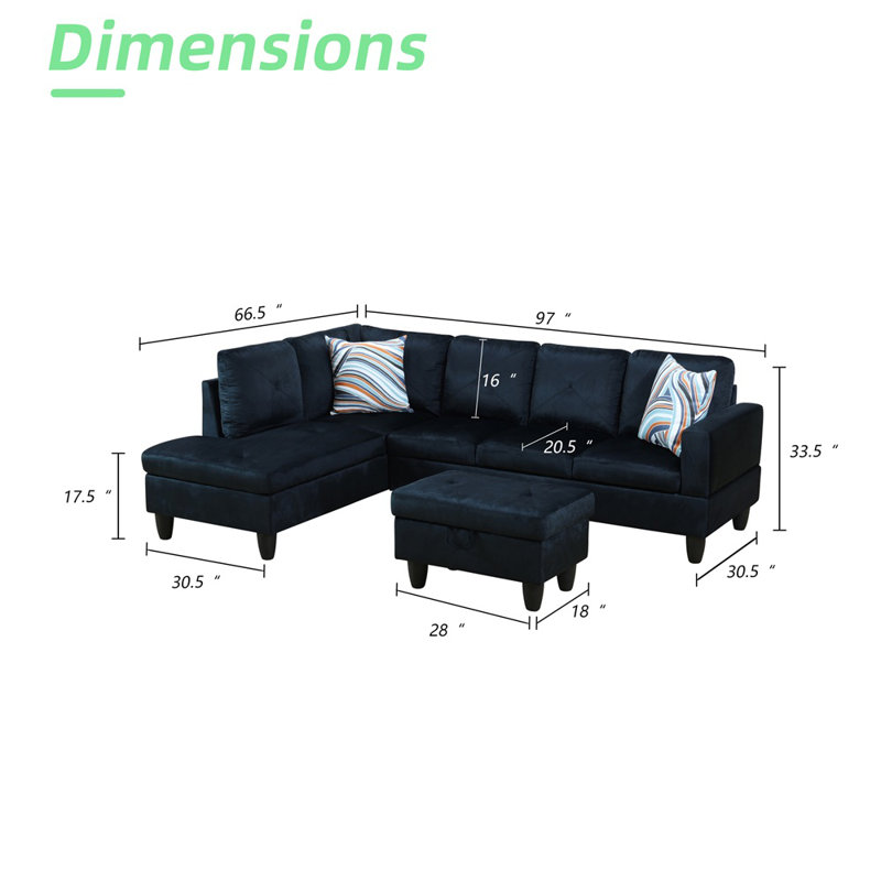 980-SCO-MICROFIBER Upholstered L-Shaped Sectional, Left Hand Facing, Black Microfiber