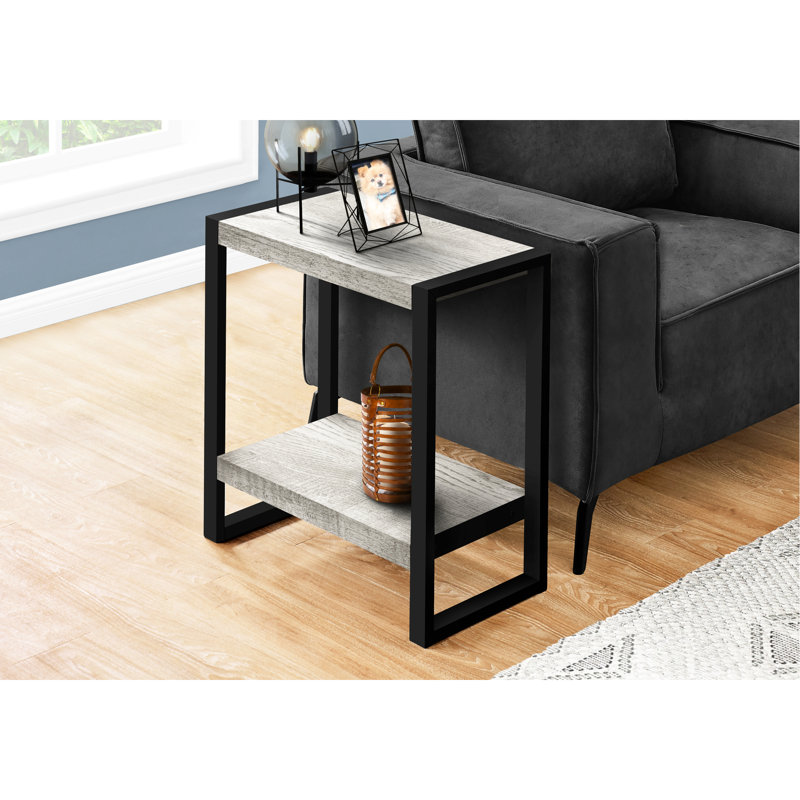 Table de bout industrielle 2 avec apparence de bois récupéré gris et pieds en métal noir, support de finition de 12 po de largeur pour la table de chevet