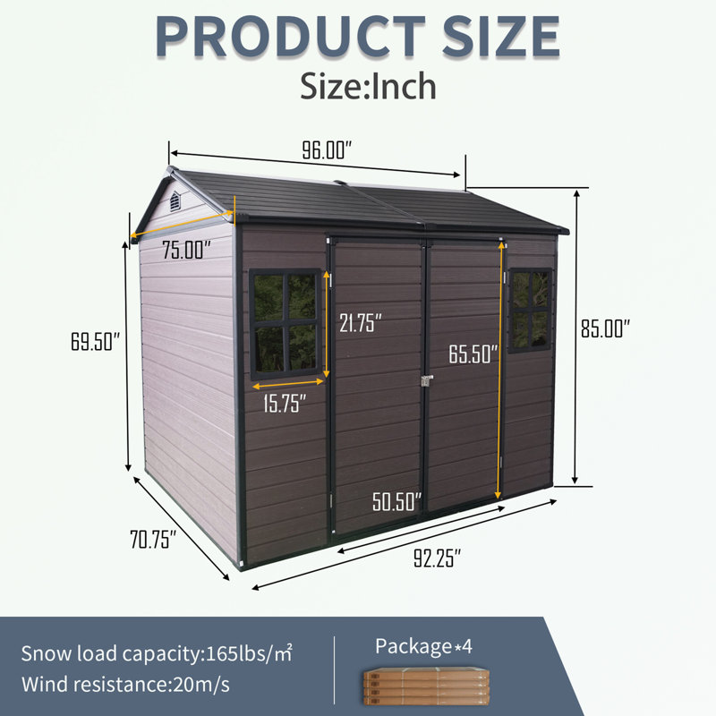Outdoor Storage Waterproof shed with Floor, Two Windows and Lockable Door, Brown, 85" H x 96" W x 75" D