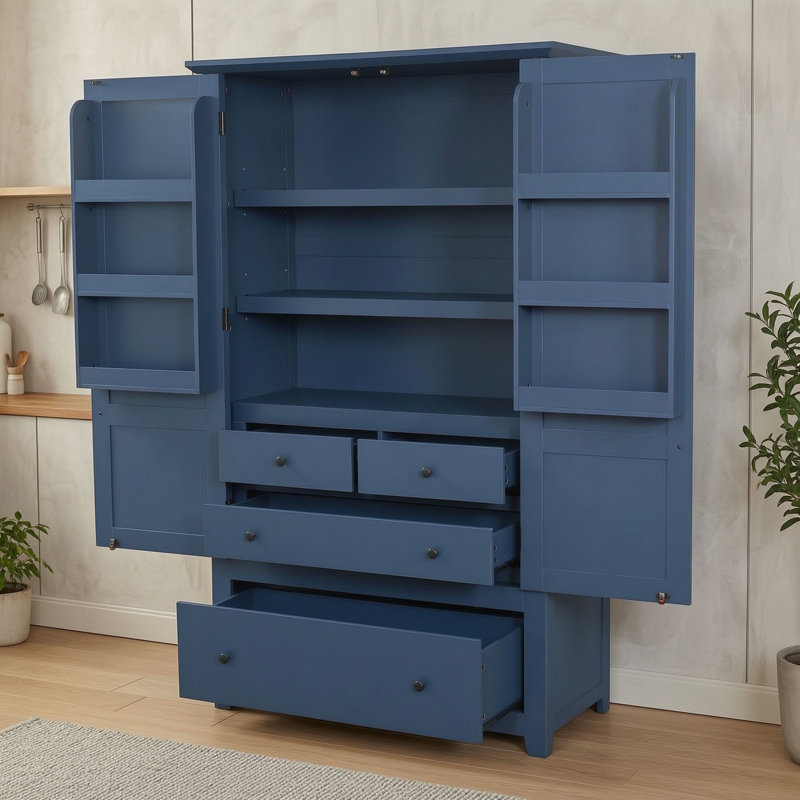 Armoire de cuisine autoportante haute avec 2 portes de style Shaker, tablettes de porte, 4 tiroirs et 2 tablettes réglables.