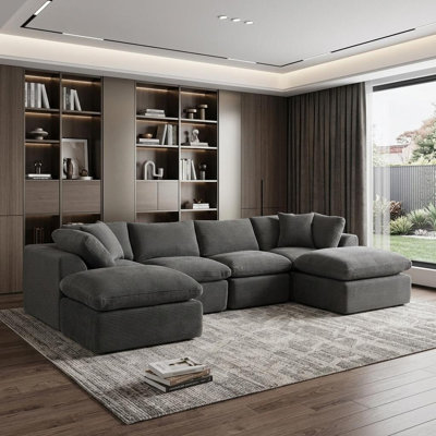 Canapé modulaire en velours côtelé gris foncé de 140 pouces avec pouf et coussins décoratifs