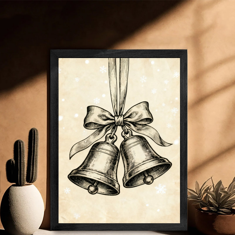 Reproduction d'art de cloche de Noël rétro encadrée noire, H 17 po x l 13 po