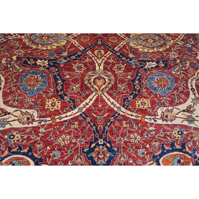 Tapis rouge et bleu noué à la main de haute qualité