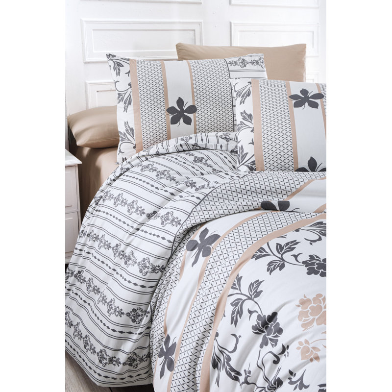 Housse de couette de qualité supérieure Ranforce pour lit double, 100% coton, housse de couette 78,7 x 86,6 pouces | Drap plat 86,6 po x 94,5 po | Comprend 2 taies d'oreiller de 19,7 po x 27,6 po | Design élégant blanc, beige et noir, lavable à la machine