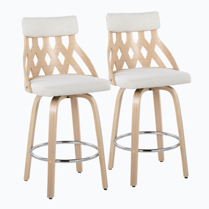Tabouret de comptoir Mid-Century moderne de 26 po en bois naturel et tissu crème avec repose-pieds chromé par Lumisource