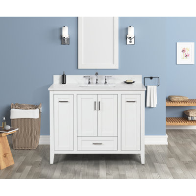 Meuble-lavabo simple 42 po Milford avec comptoir en pierre d'ingénierie blanc Carrara, évier et dosseret, bois massif, pré-assemblé