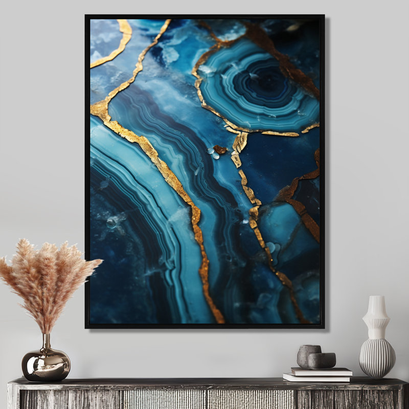 Art mural bleu sarcelle Agate Waves of Glam Gold I, Cadre flottant noir, H 20 po x l 12 po