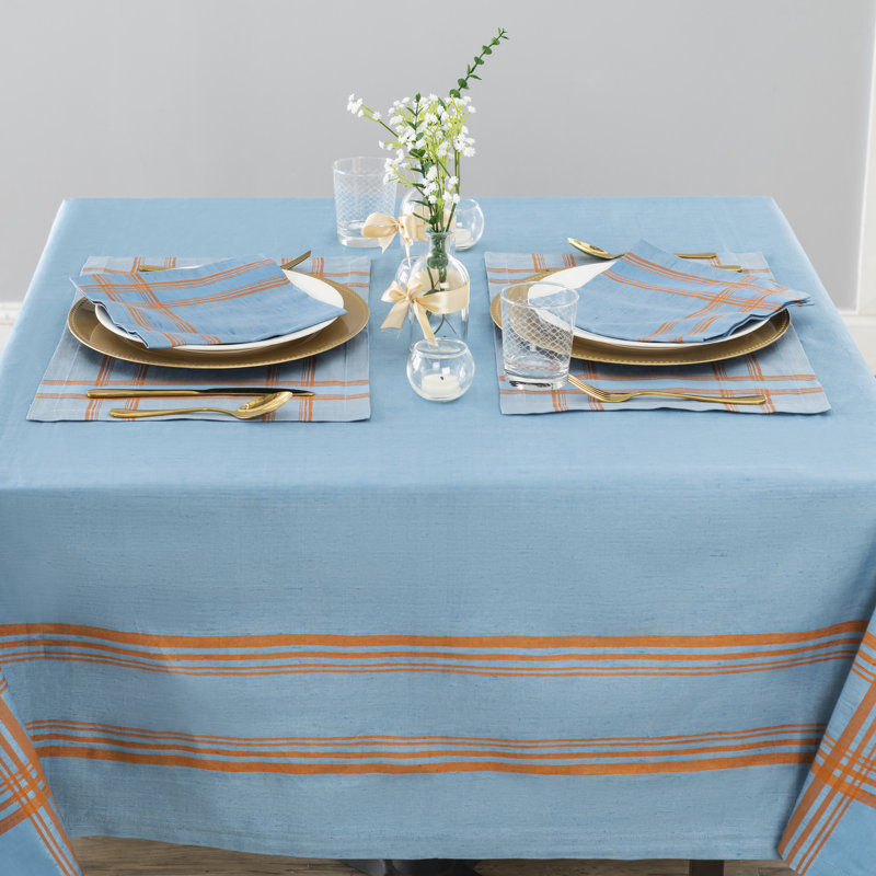 French Home Linen Boulevard Tablecloth - Denim and Terracotta, 84" x 60"