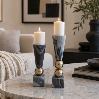 Bougeoirs décoratifs en marbre et métal pour bougies coniques - Décoration de sol moderne avec sphères empilées pour table - Lot de 2, 30 cm et 25 cm, gris et or
