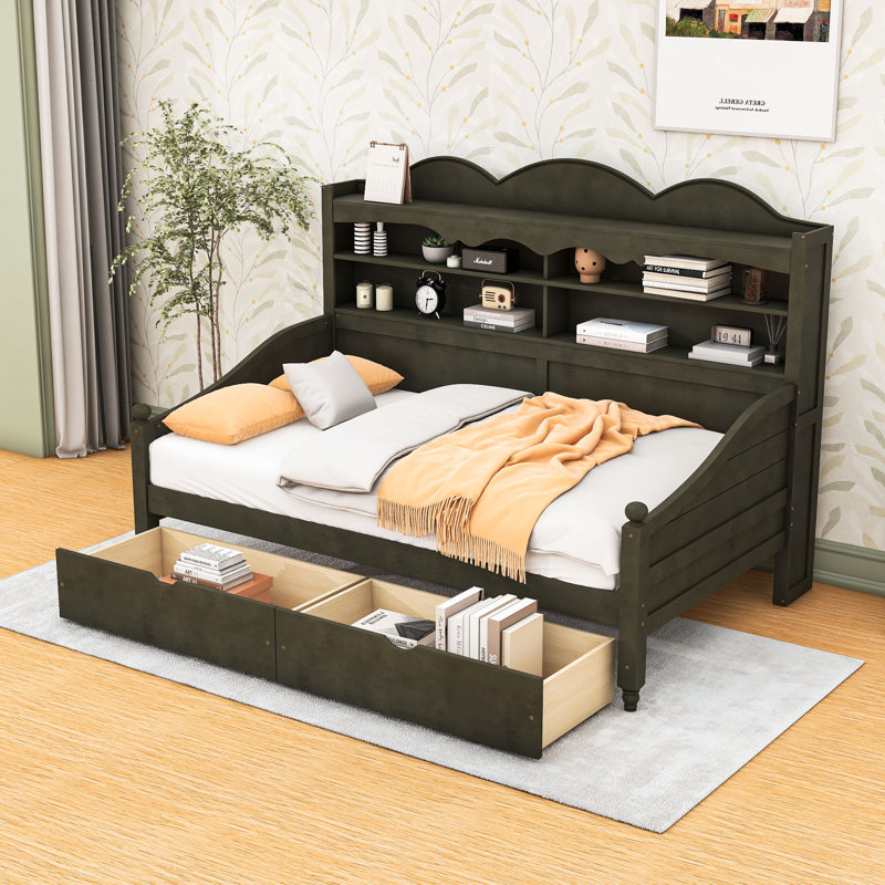 Twin Wooden Daybed with Storage and Hidden Drawers, Antique Gray
