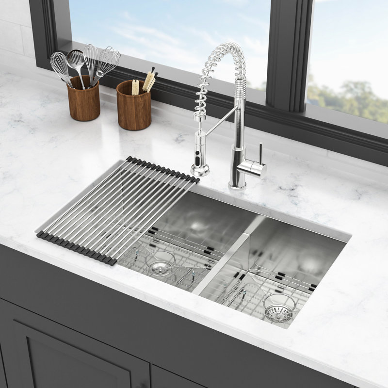 33 - Inch 60/40 Undermount Double Bowl Kitchen Sink In Brushed Nickel, 16 Gauge Stainless Steel Construction Quality, 10" Deep Basins, Rear 3.5 Drain For Garbage Disposal Units, X Grooves Fast Water