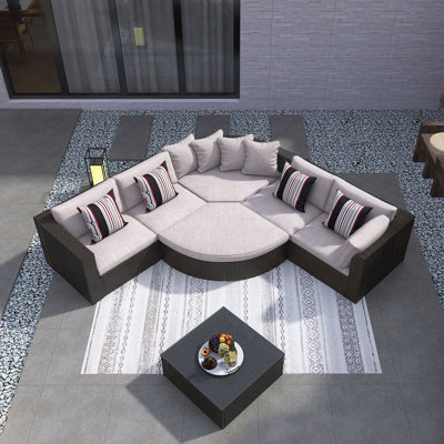 7-Piece Outdoor Wicker Sofa Set, Rattan Sofa Lounger,Removable Tempered Glass Top For The Coffee Table, With Colorful Pillows, Adjustable Feet,Modular Design,Conversation Sofa, For Patio, Garden, Deck, Brown Wicker