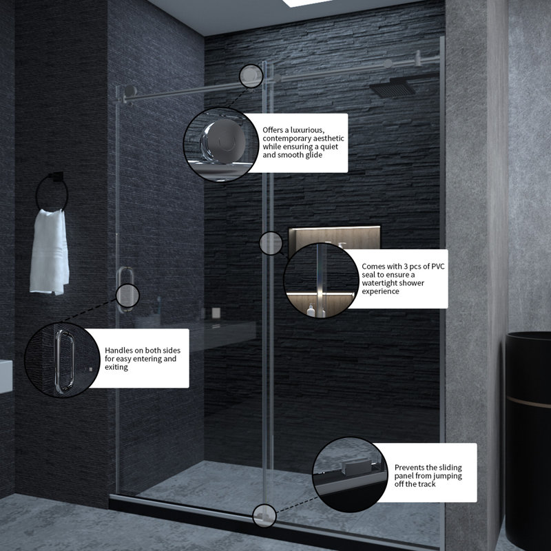 60'' Silver Semi-Frameless Sliding Shower Door with Clear Tempered Glass