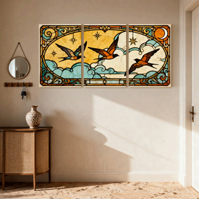 Ensemble de 3 impressions sur toile de style vitrail hirondelles et nuages