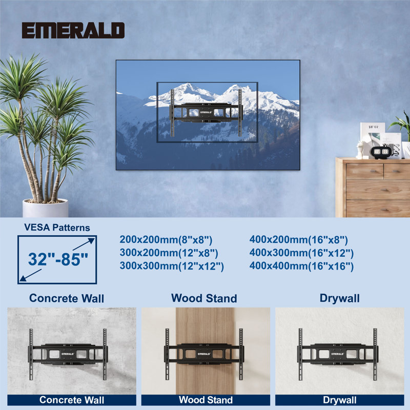 Emerald Full-Motion Wall Mount for 32"-85" TVs, Heavy Duty, Swivel & Tilt, 180 lbs Capacity, Max VESA 600x400