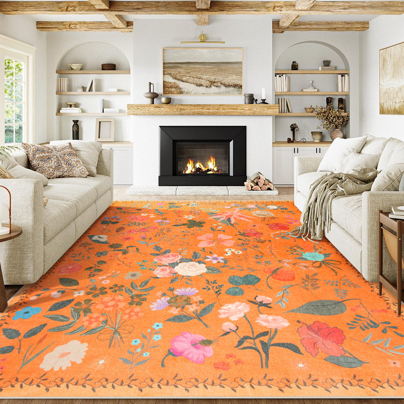 Groner Large Flower Living Room Rug Washable Bedroom Rug Non-Slip Colorful Vintage Accent Floor Carpet For Home Decor