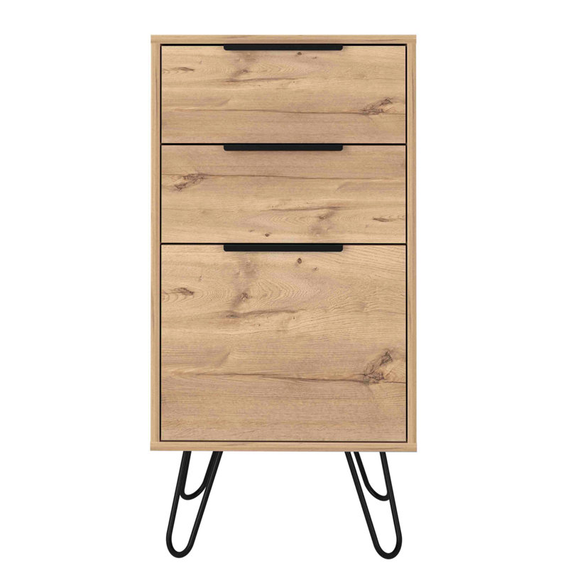 Commode légère Augusta, pieds en épingle à cheveux, plateau supérieur, trois tiroirs - chêne clair