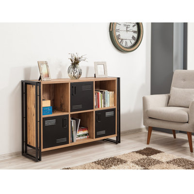 Industrial Bookshelf with Metal Frame and Plated Doors, Atlantic Pine & Black, 49.6 x 35.0 x 13.8 inches | 100% Melamine Coated Particle Board, Durable & Stylish | Numerous Shelves, Wall-Mountable, Supports 88 lbs