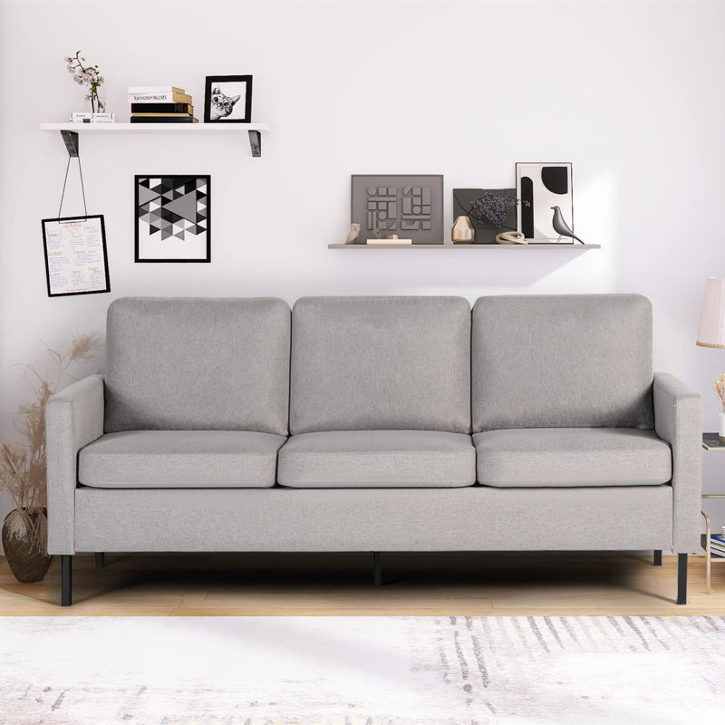 Redi 77" Upholstered Square Arm Sofa with Charging Ports, Light Gray Linen