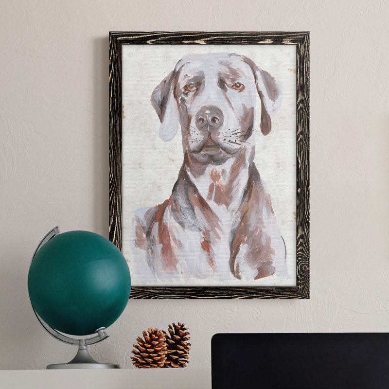 «Sitting Dog I», peinture sur toile encadrée, H 31 po x l 44 po x P 1 po, Cadre noir
