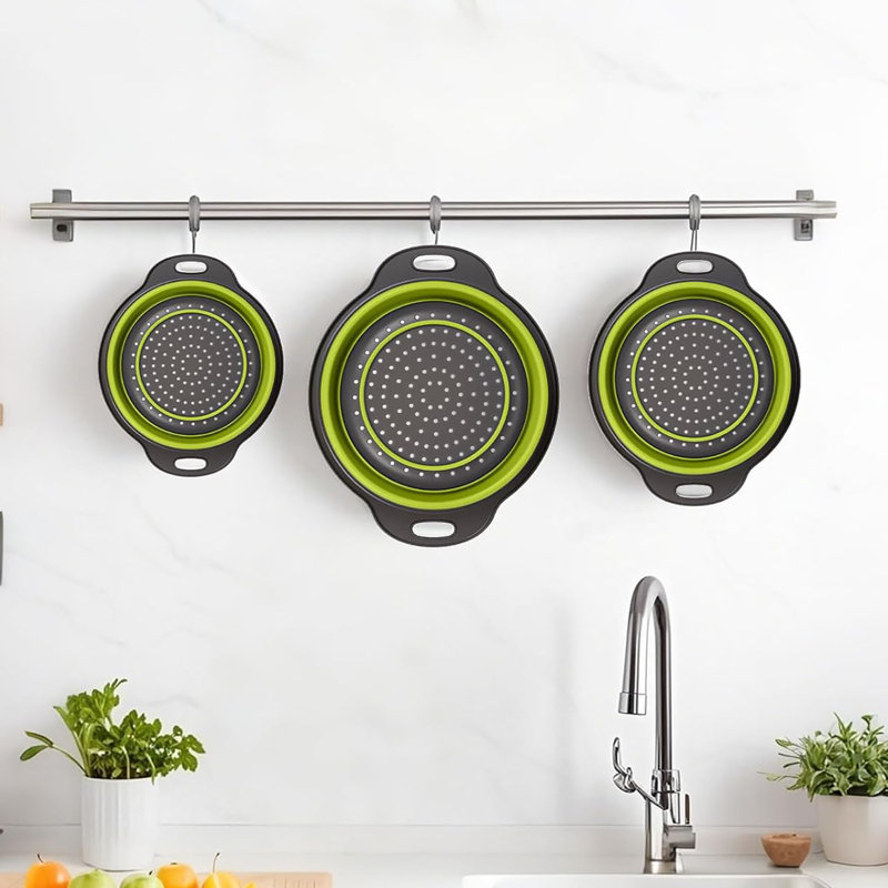 Ensemble de 3 passoires pliables, égouttoirs de cuisine pliables avec base antidérapante, en PP et TPE épais, pour pâtes, légumes et fruits, gris-vert