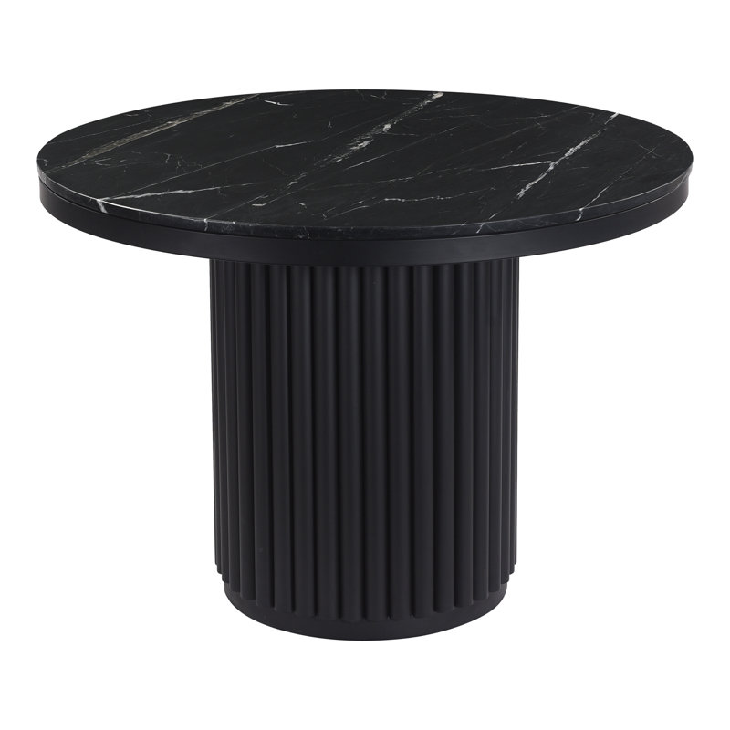 Ione Round Marble Top Metal Base Dining Table, Black Marble/Black