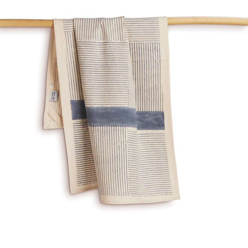 Serviette de cuisine Bungalow Blue | 100% coton | Fait à la main | 27 po x 19 po, Beige/bleu