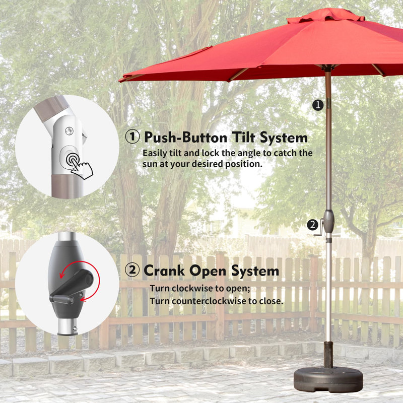 Parasol d'extérieur 10 pi, rouge brique, protégé et imperméable, 8 nervures robustes avec manivelle à bouton-poussoir pratique pour le jardin, la terrasse, la piscine, parasol de patio rouge de 10 pi, cour arrière simple
