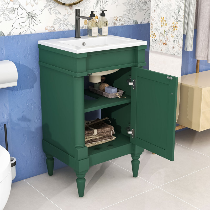Meuble-lavabo simple autoportant moderne avec lavabo en céramique et grand rangement, Vert